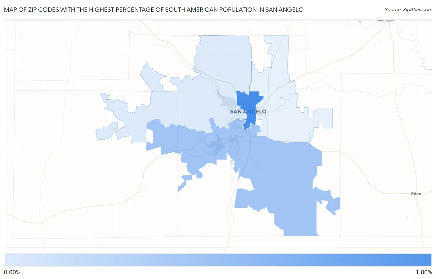 Zip Codes with the Highest Percentage of South American Population in San Angelo Map