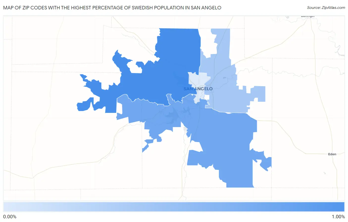 Zip Codes with the Highest Percentage of Swedish Population in San Angelo Map