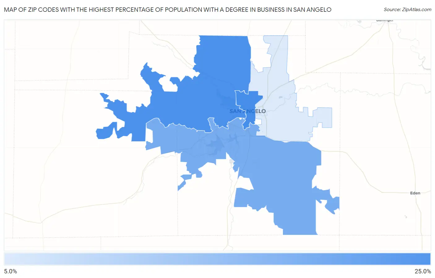 Zip Codes with the Highest Percentage of Population with a Degree in Business in San Angelo Map