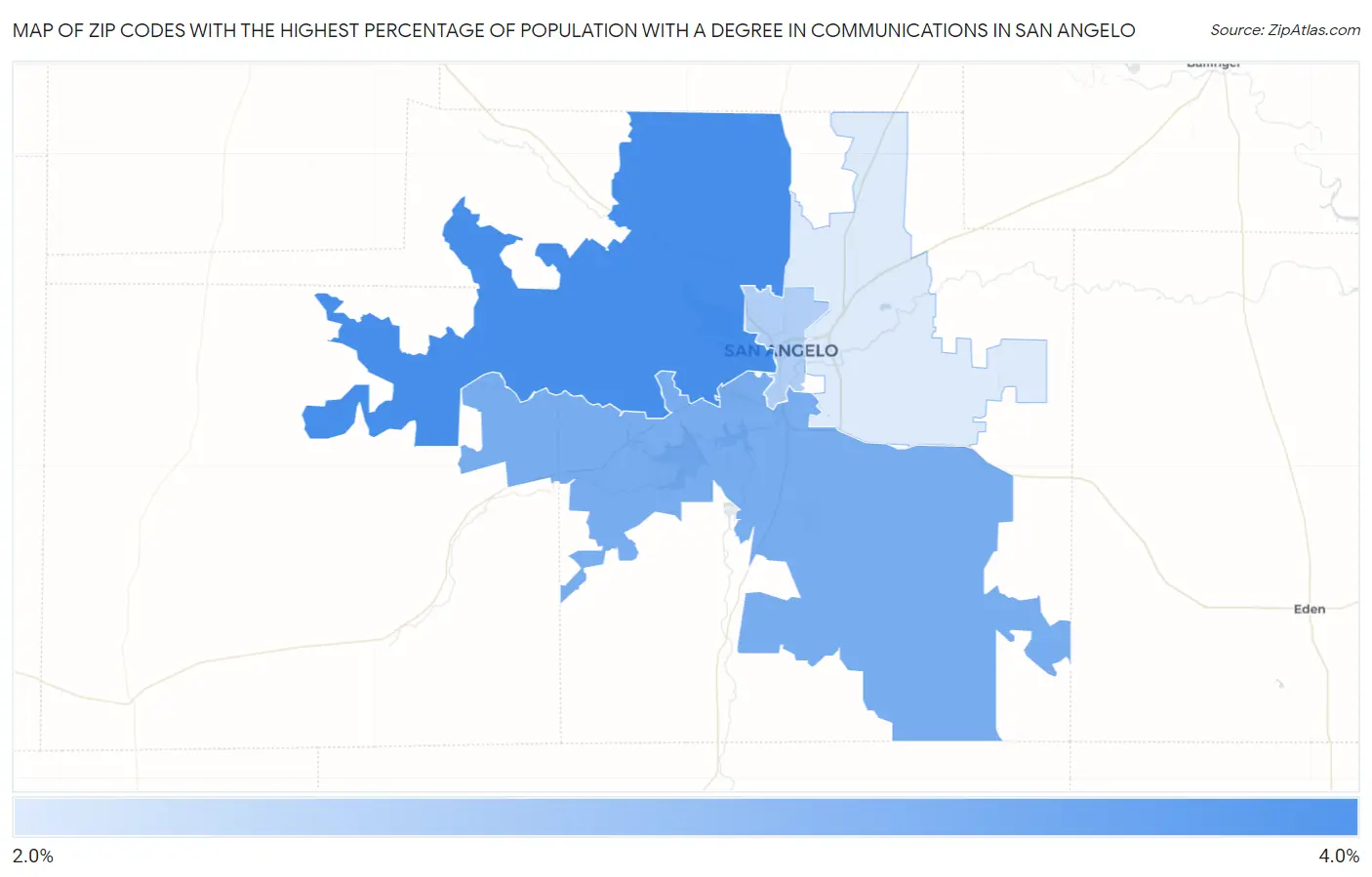 Zip Codes with the Highest Percentage of Population with a Degree in Communications in San Angelo Map