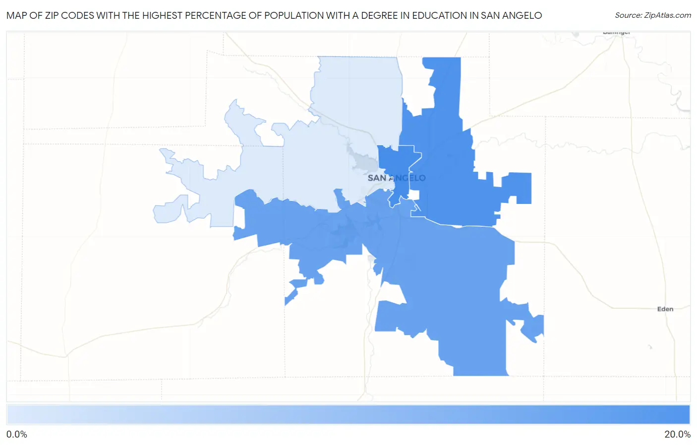 Zip Codes with the Highest Percentage of Population with a Degree in Education in San Angelo Map