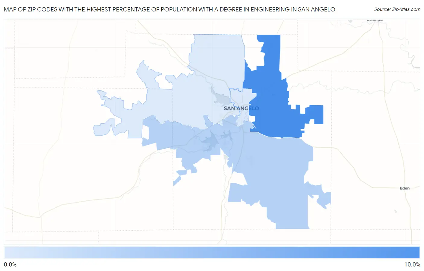 Zip Codes with the Highest Percentage of Population with a Degree in Engineering in San Angelo Map