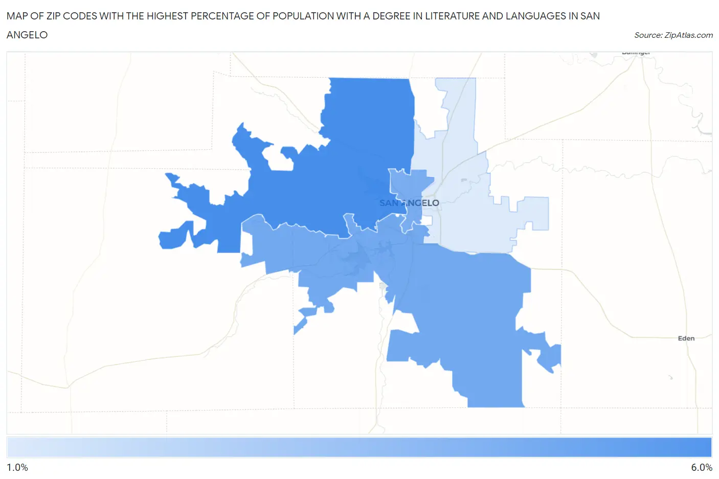 Zip Codes with the Highest Percentage of Population with a Degree in Literature and Languages in San Angelo Map
