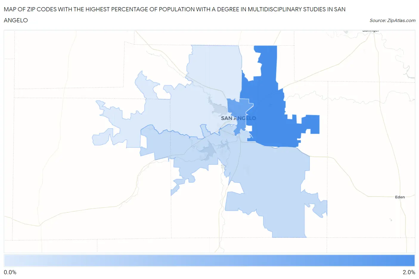 Zip Codes with the Highest Percentage of Population with a Degree in Multidisciplinary Studies in San Angelo Map