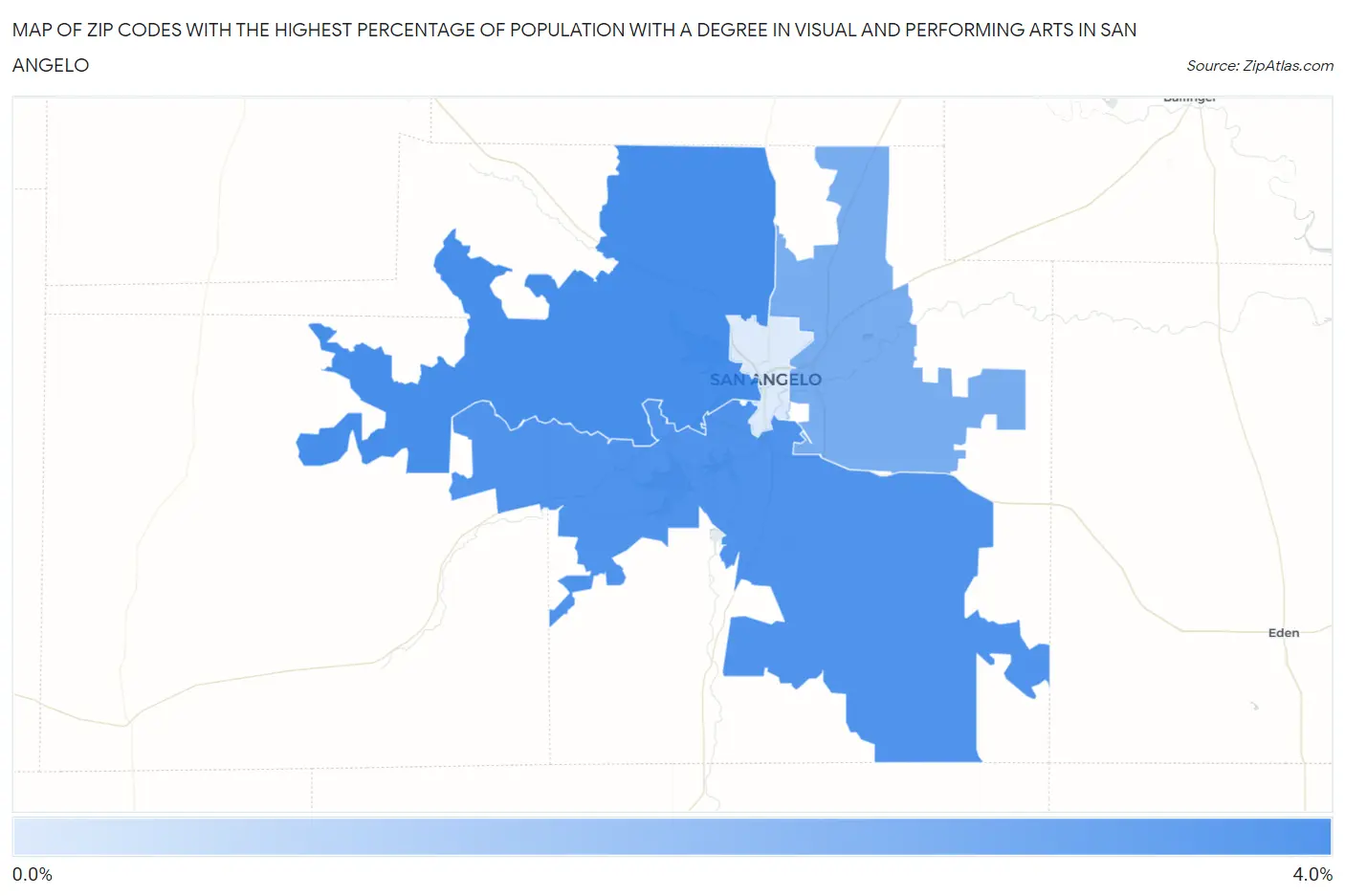 Zip Codes with the Highest Percentage of Population with a Degree in Visual and Performing Arts in San Angelo Map