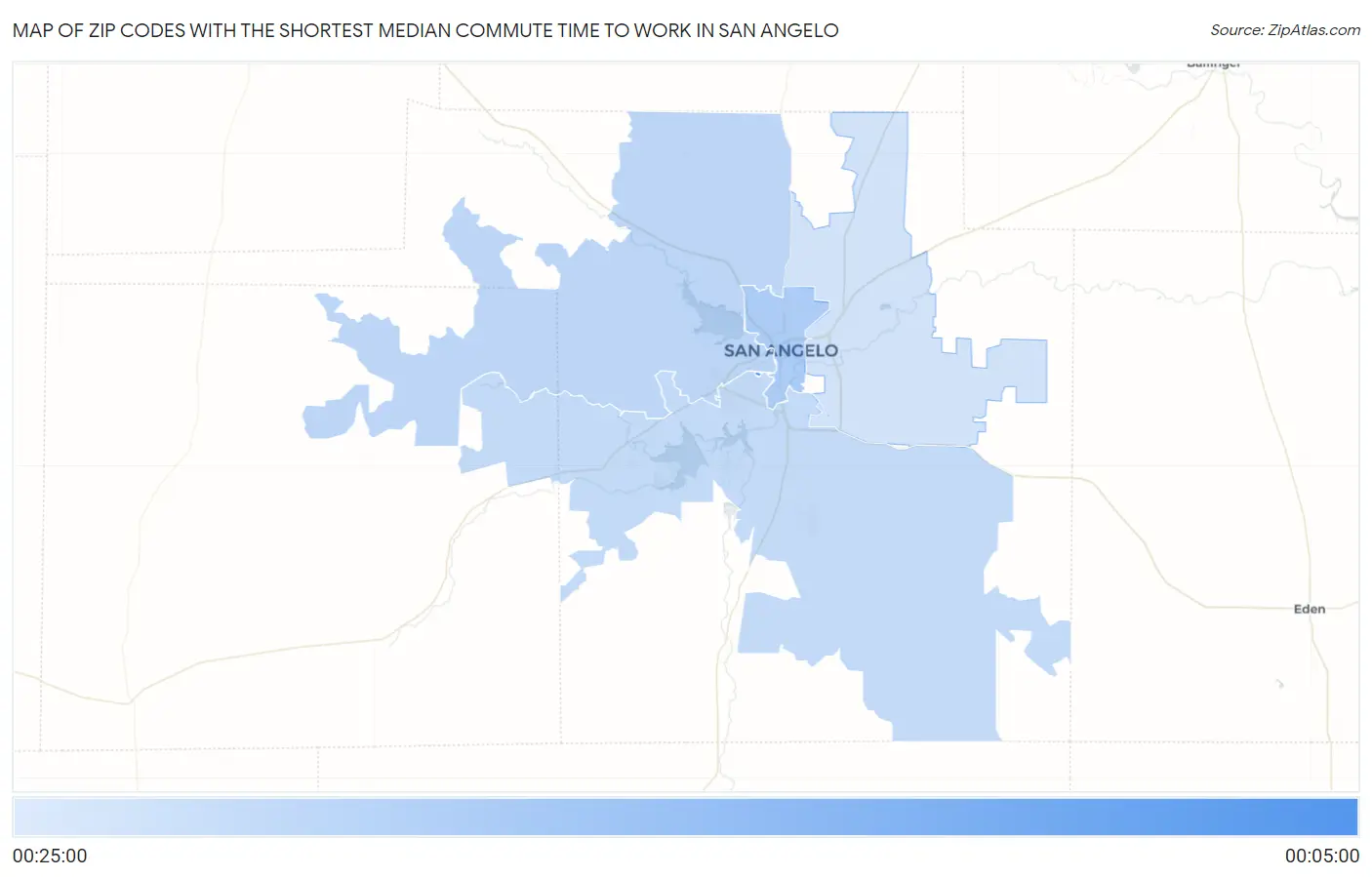 Zip Codes with the Shortest Median Commute Time to Work in San Angelo Map