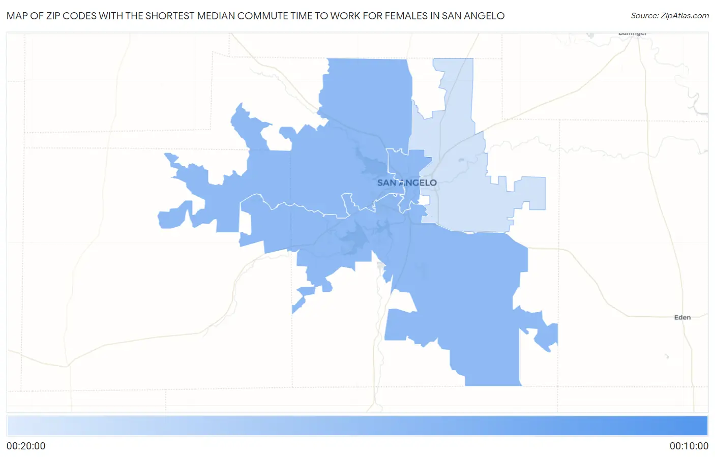 Zip Codes with the Shortest Median Commute Time to Work for Females in San Angelo Map