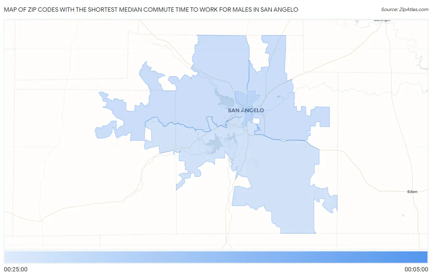 Zip Codes with the Shortest Median Commute Time to Work for Males in San Angelo Map