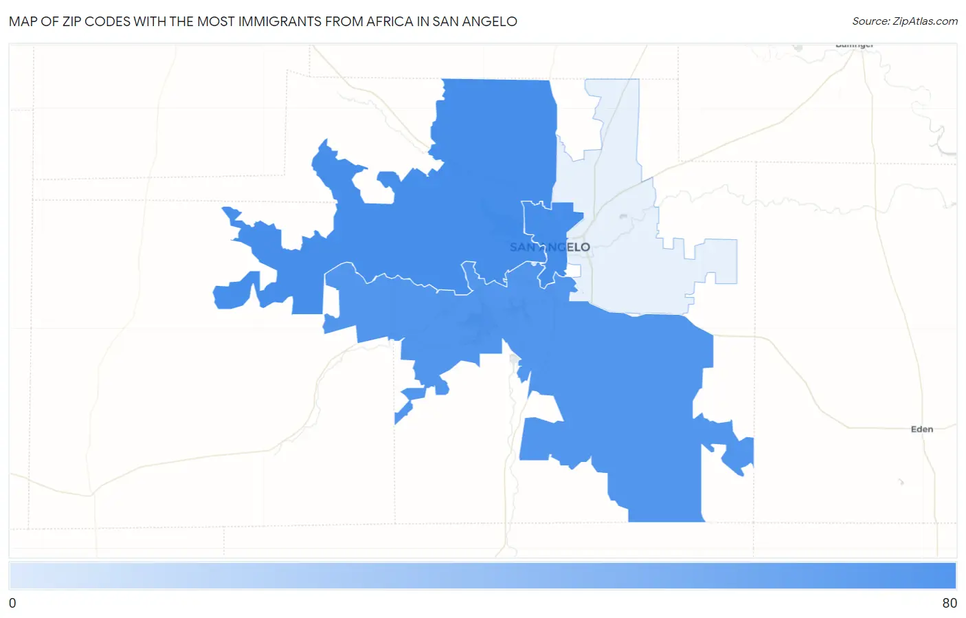 Zip Codes with the Most Immigrants from Africa in San Angelo Map