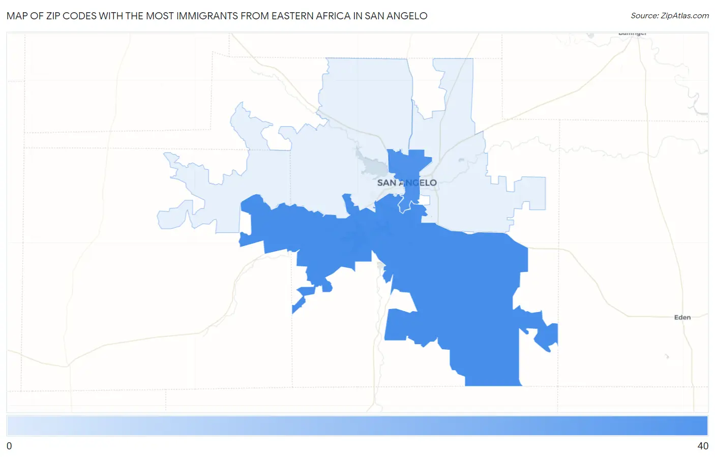 Zip Codes with the Most Immigrants from Eastern Africa in San Angelo Map