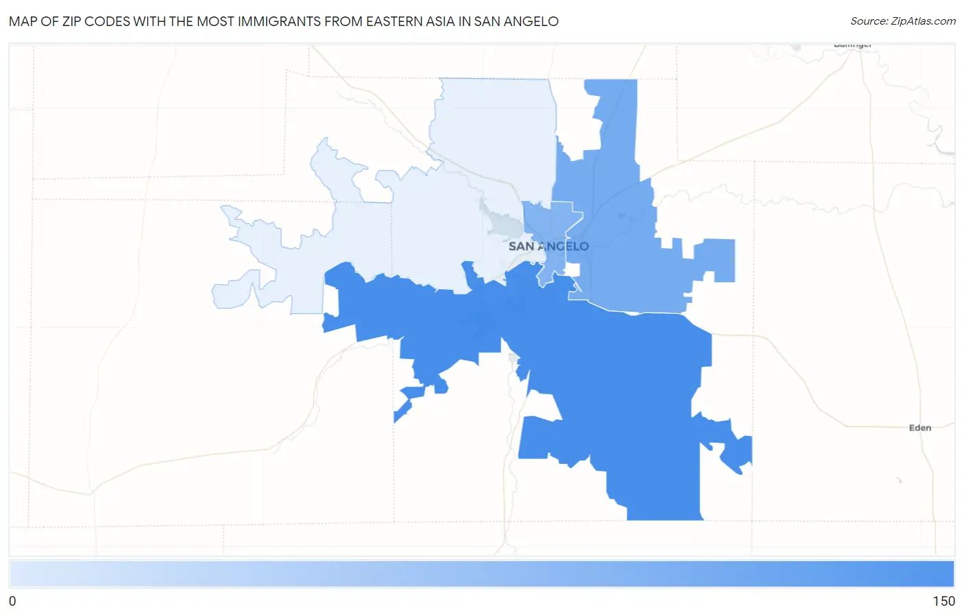 Zip Codes with the Most Immigrants from Eastern Asia in San Angelo Map
