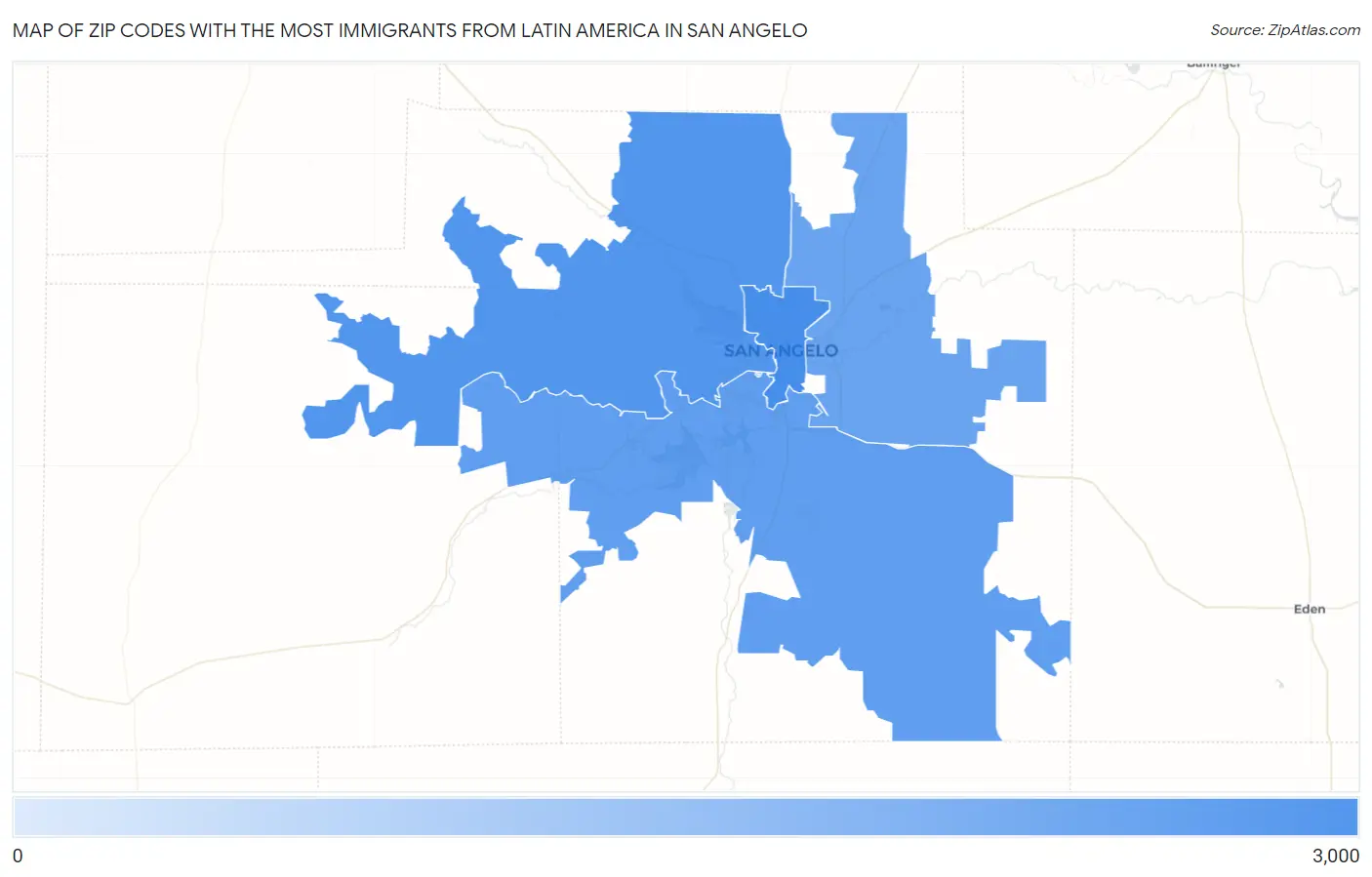 Zip Codes with the Most Immigrants from Latin America in San Angelo Map