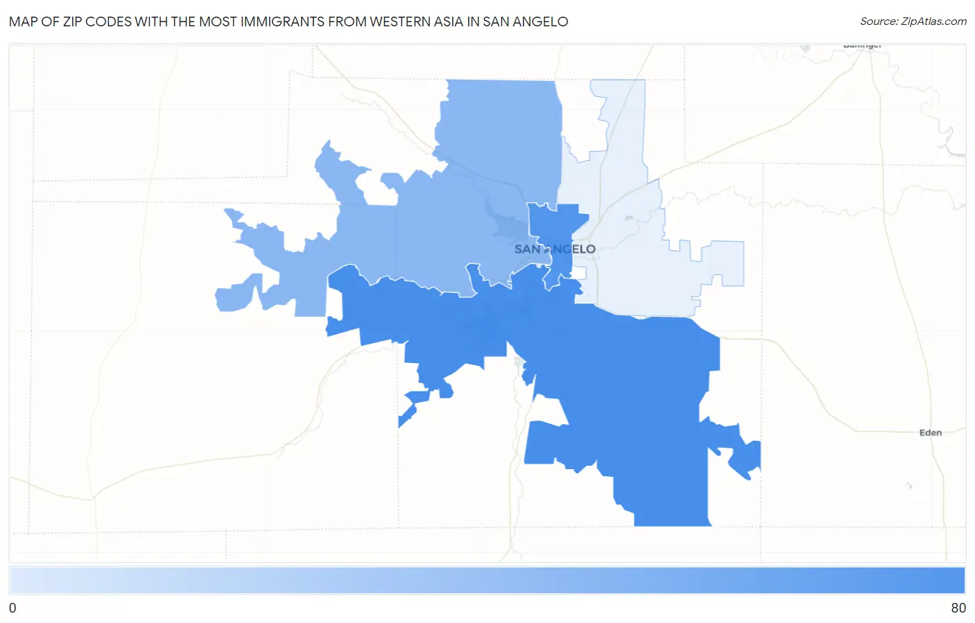 Zip Codes with the Most Immigrants from Western Asia in San Angelo Map