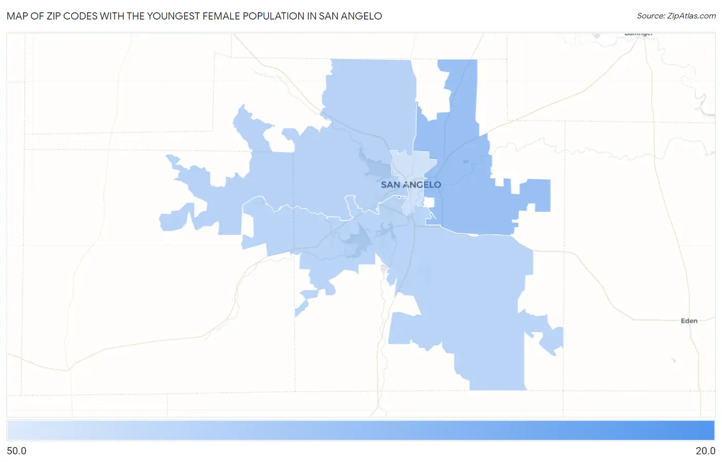 Zip Codes with the Youngest Female Population in San Angelo Map