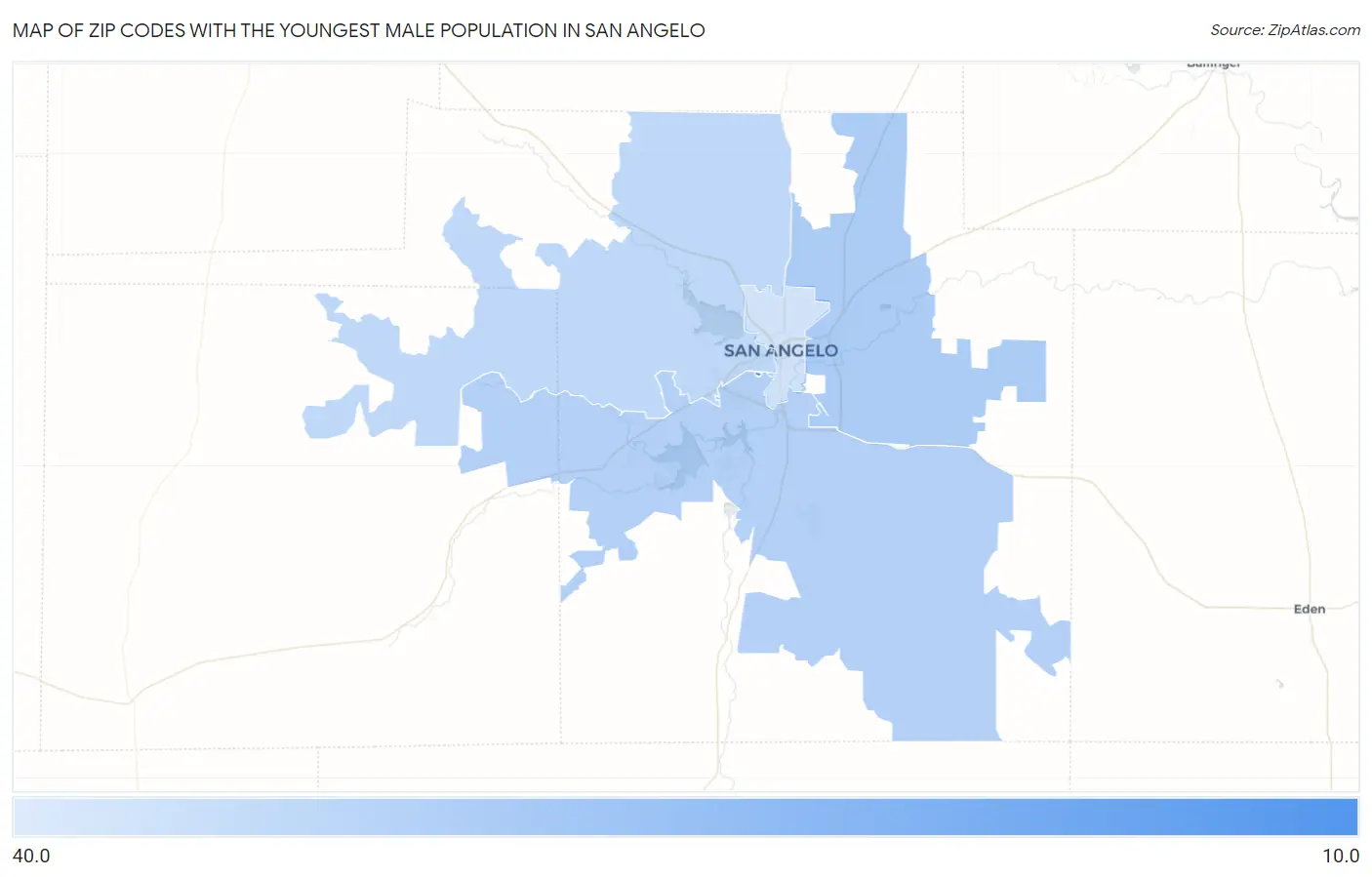Zip Codes with the Youngest Male Population in San Angelo Map