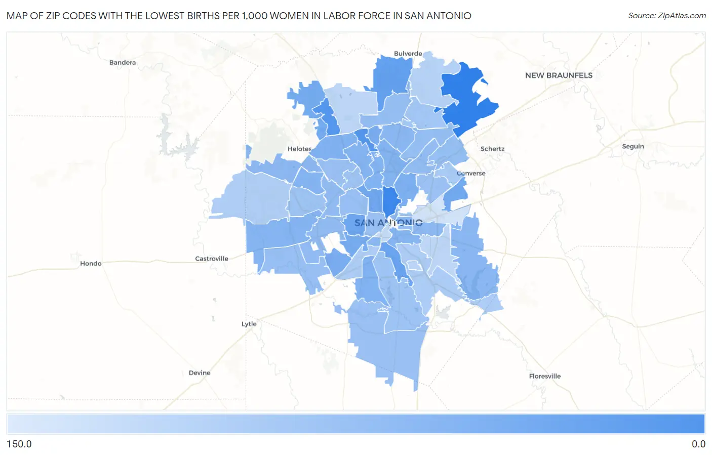 Zip Codes with the Lowest Births per 1,000 Women in Labor Force in San Antonio Map