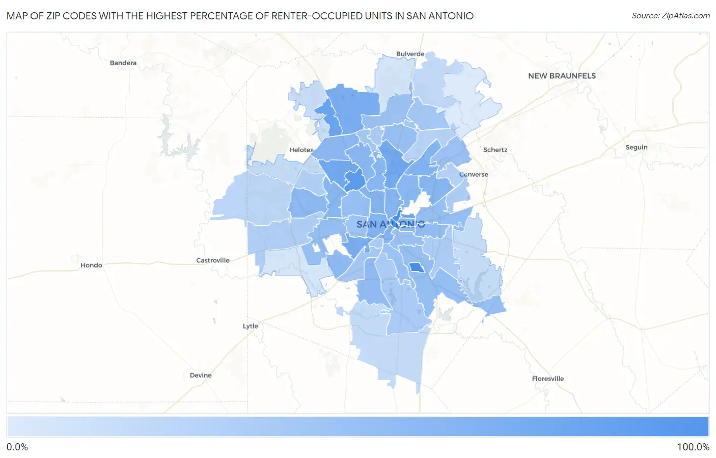 Zip Codes with the Highest Percentage of Renter-Occupied Units in San Antonio Map