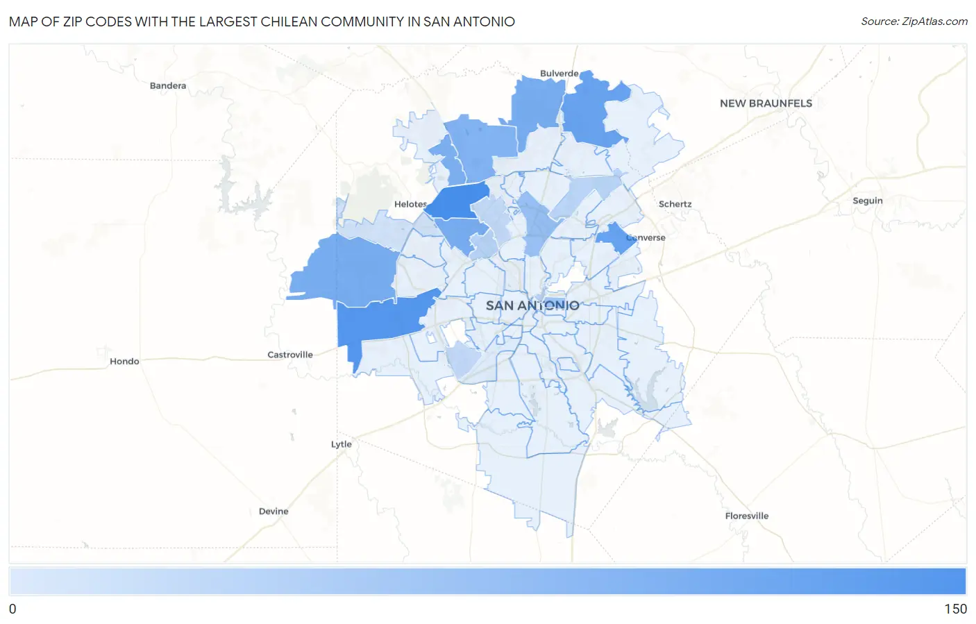 Zip Codes with the Largest Chilean Community in San Antonio Map