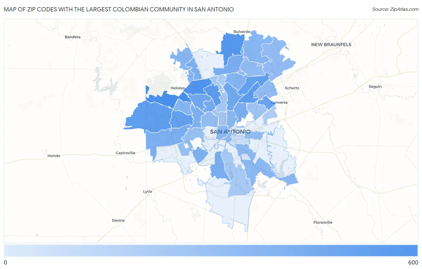 Zip Codes with the Largest Colombian Community in San Antonio Map