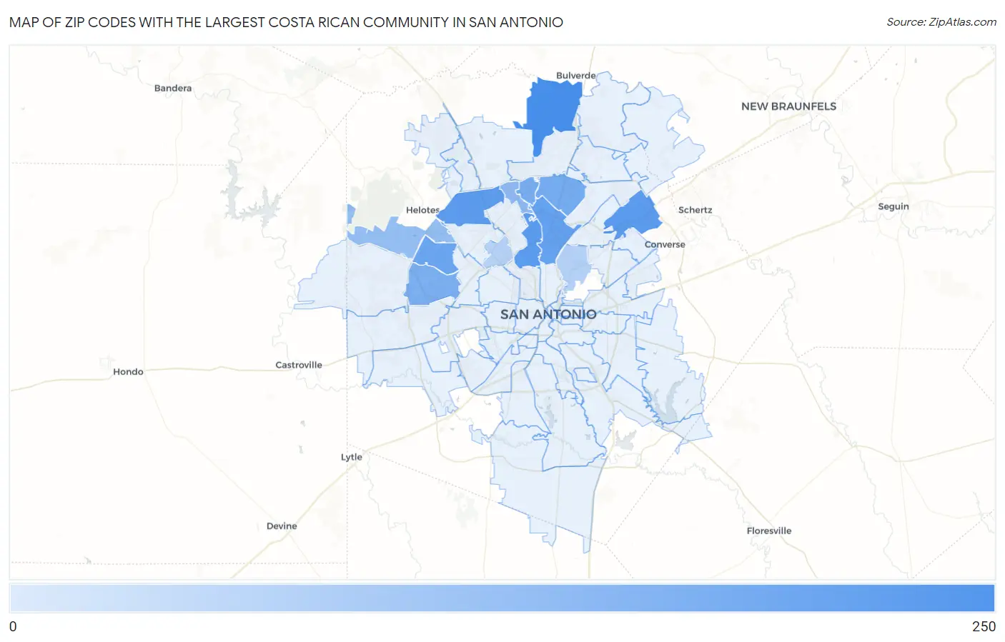 Zip Codes with the Largest Costa Rican Community in San Antonio Map