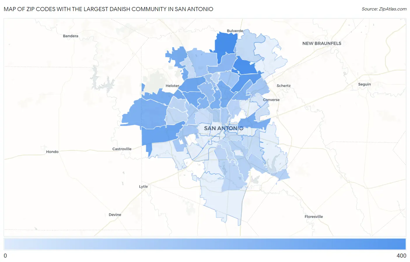 Zip Codes with the Largest Danish Community in San Antonio Map
