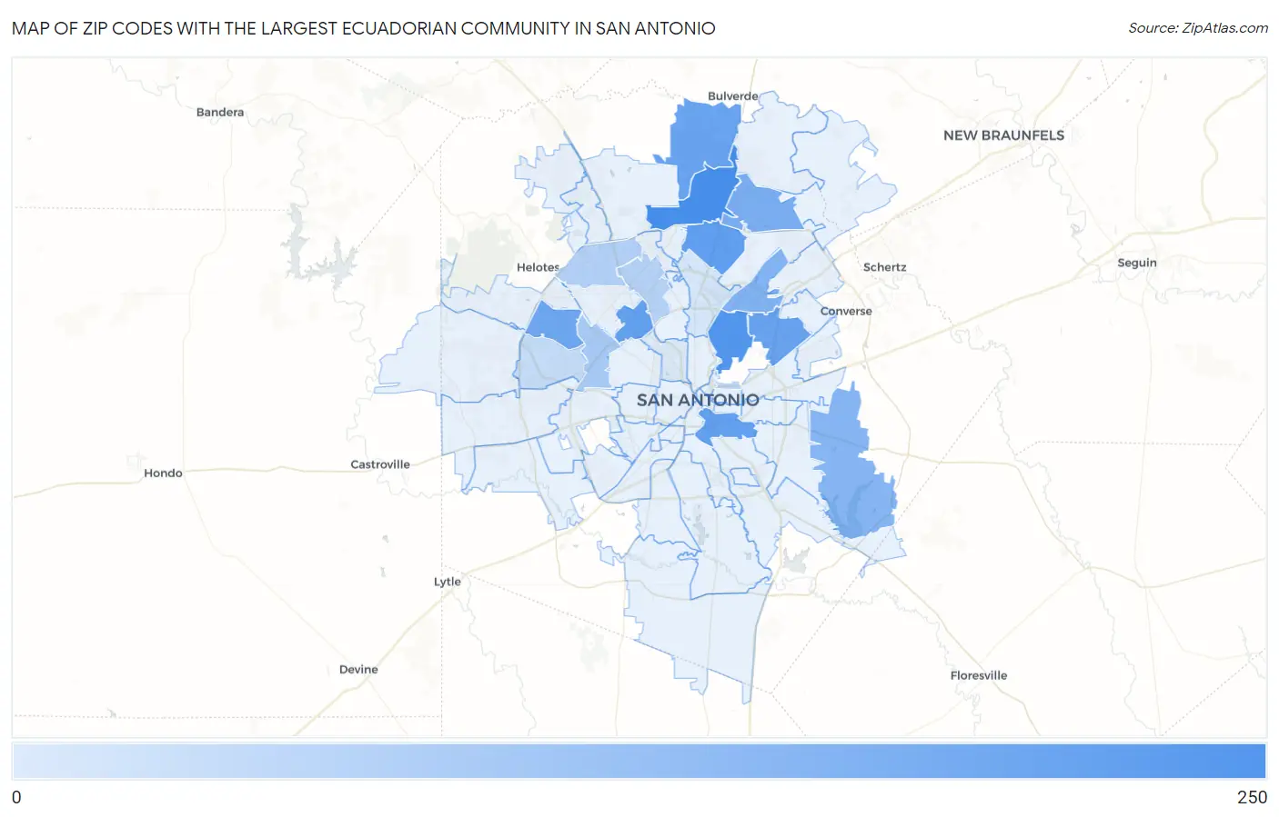 Zip Codes with the Largest Ecuadorian Community in San Antonio Map