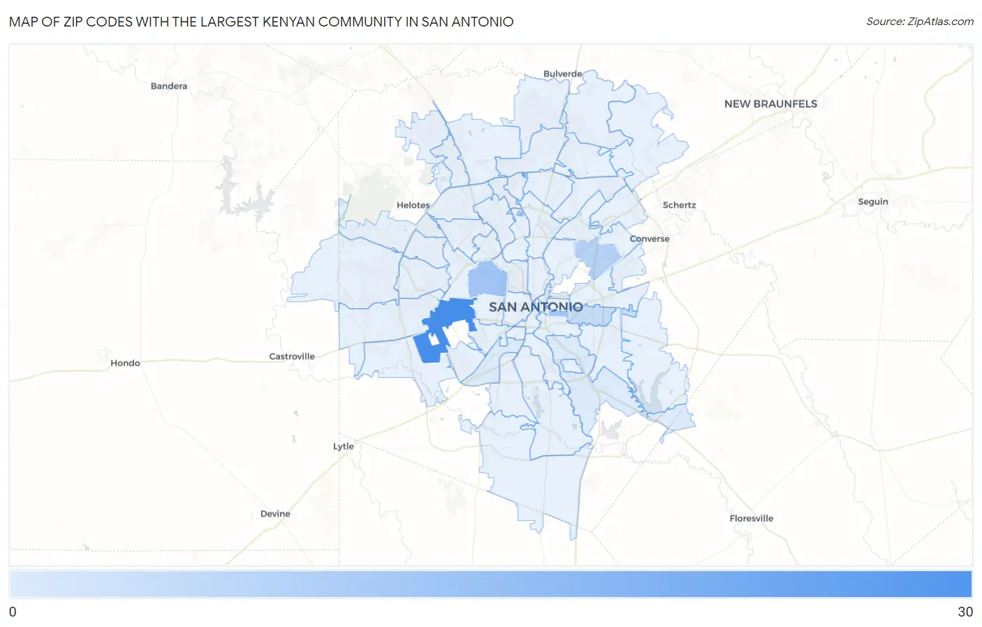 Zip Codes with the Largest Kenyan Community in San Antonio Map