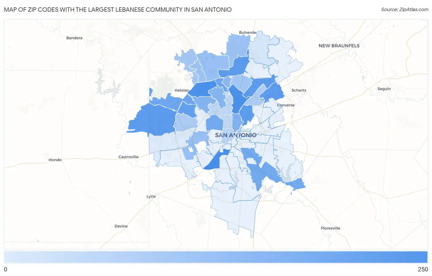 Zip Codes with the Largest Lebanese Community in San Antonio Map