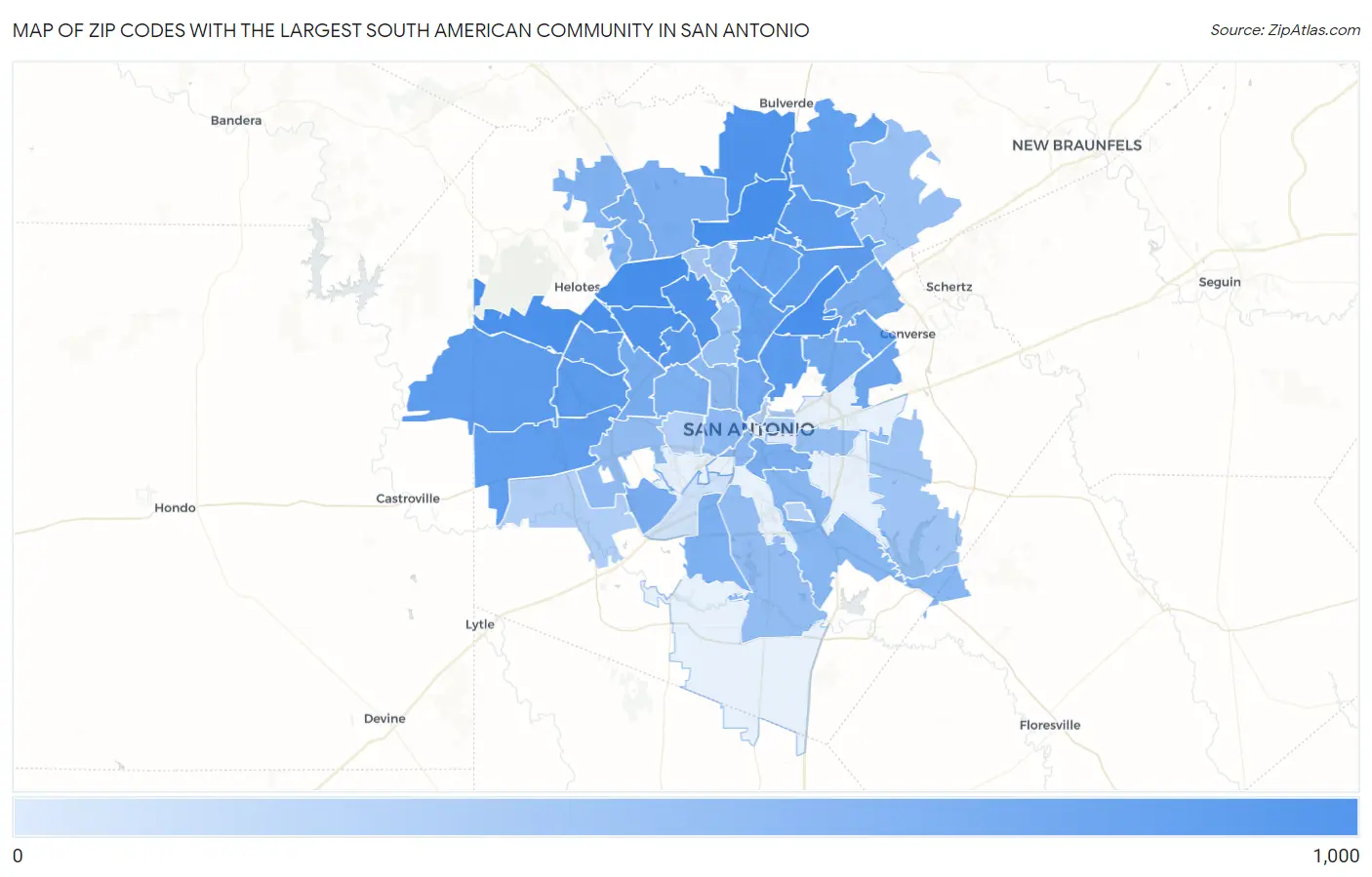 Zip Codes with the Largest South American Community in San Antonio Map