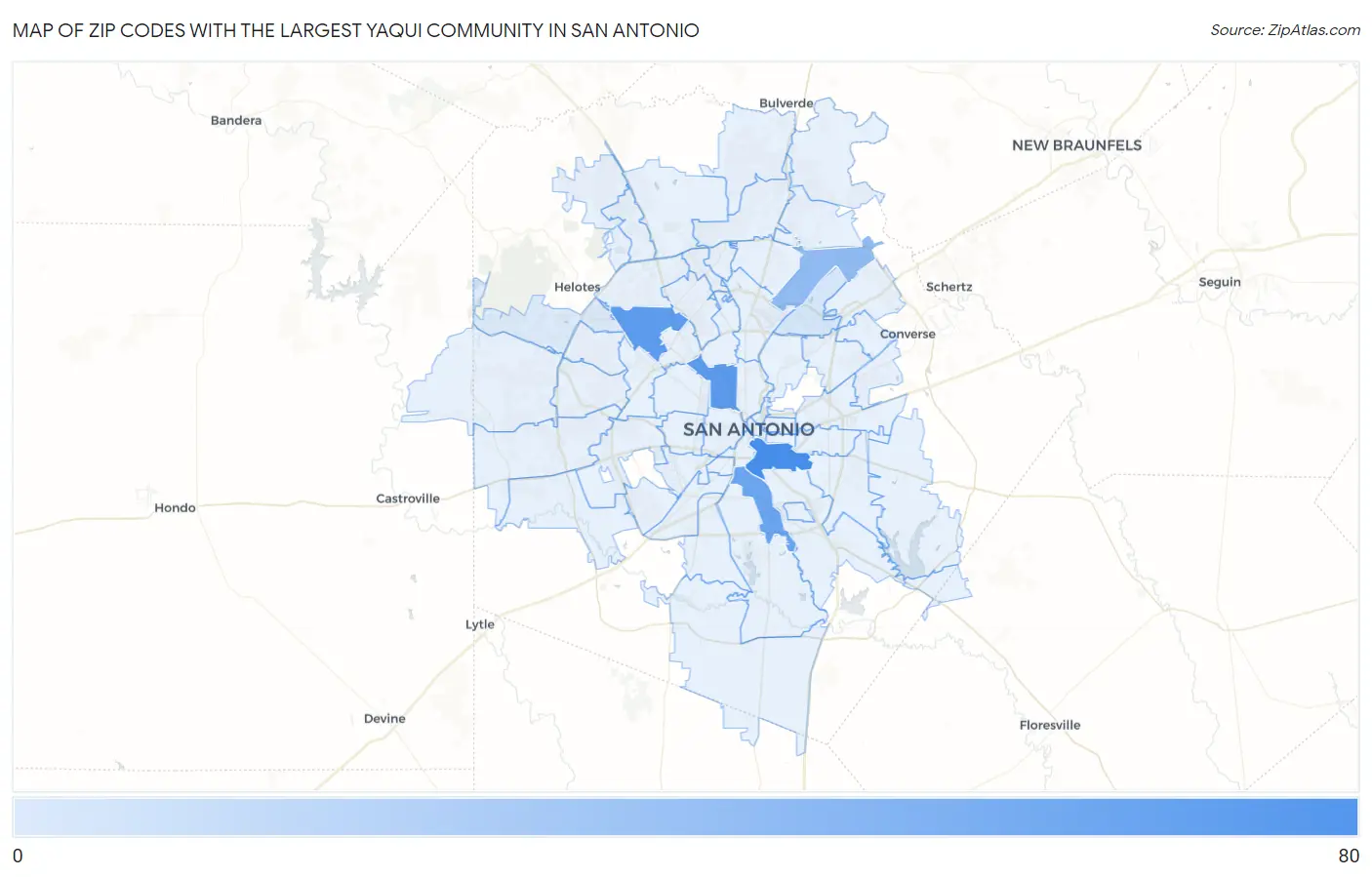 Zip Codes with the Largest Yaqui Community in San Antonio Map