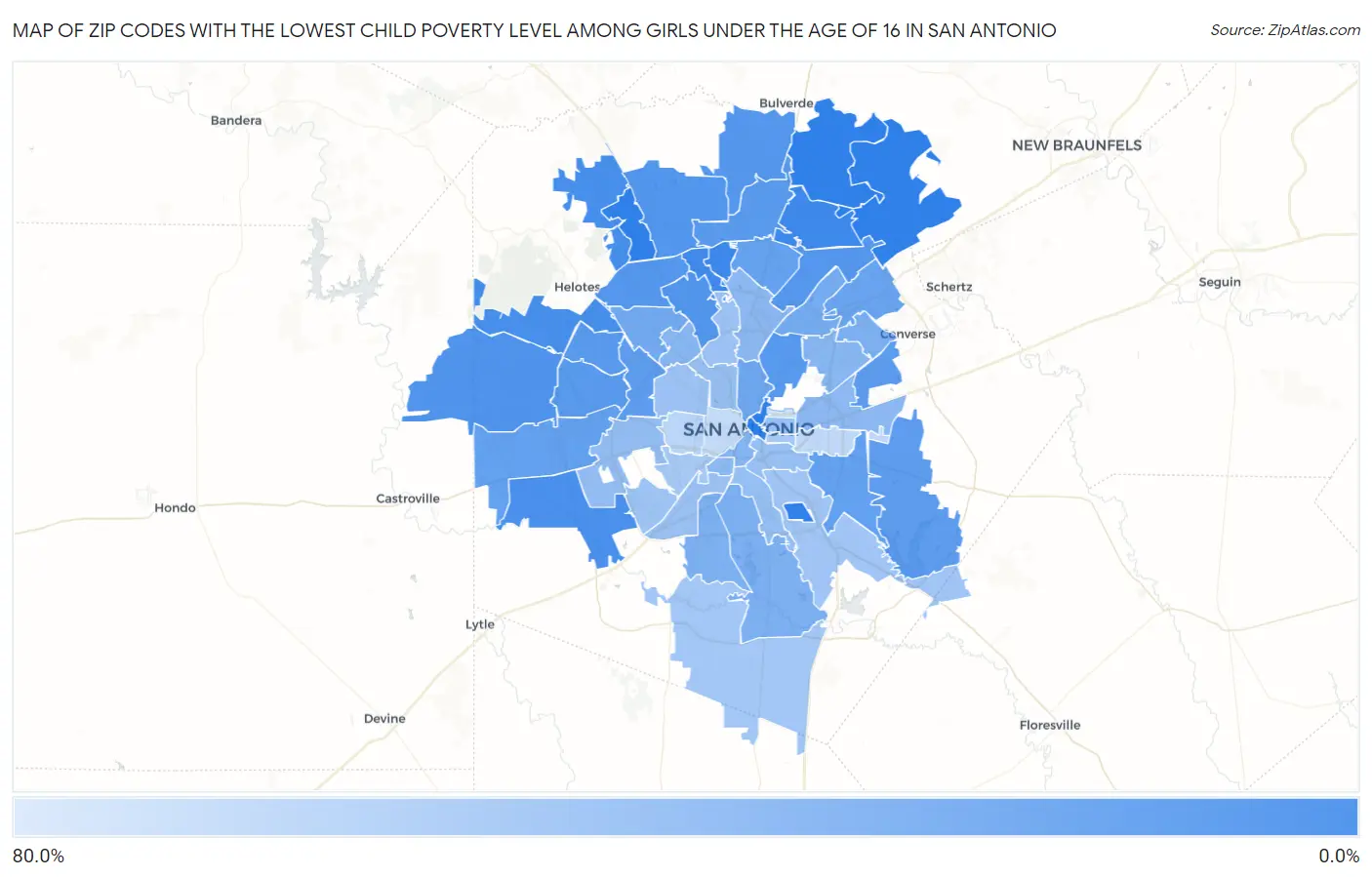 Zip Codes with the Lowest Child Poverty Level Among Girls Under the Age of 16 in San Antonio Map