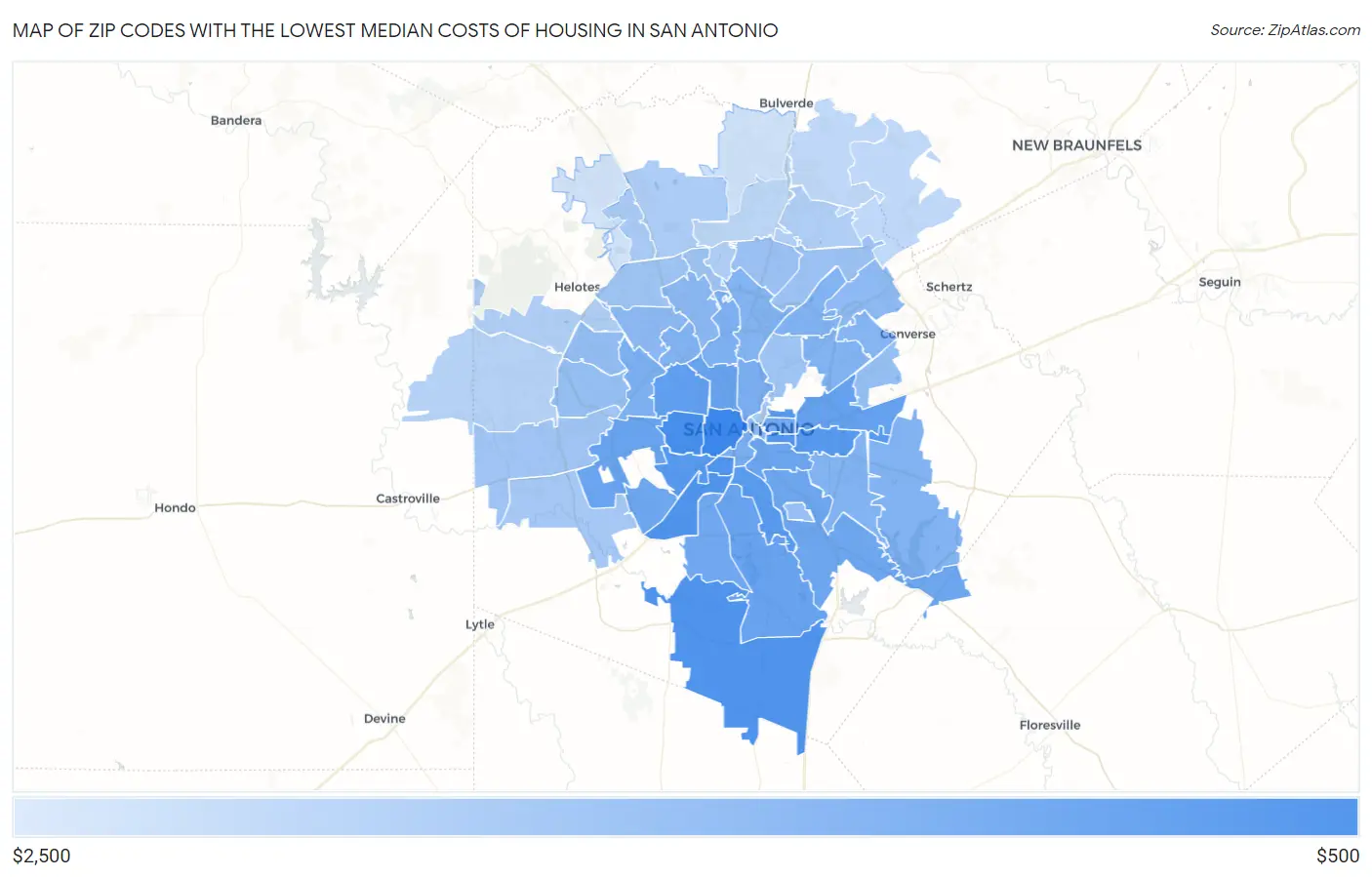 Zip Codes with the Lowest Median Costs of Housing in San Antonio Map
