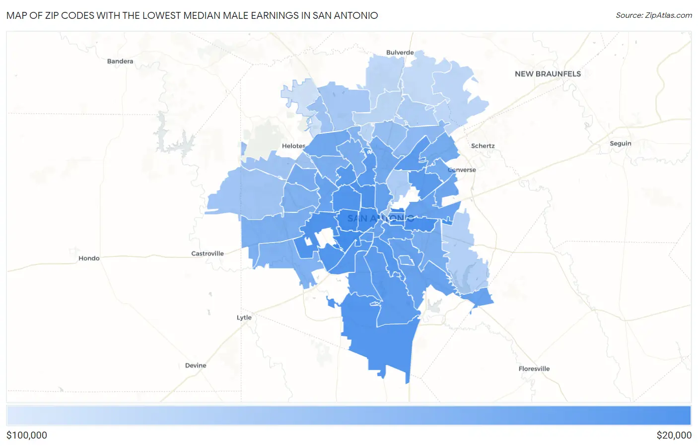 Zip Codes with the Lowest Median Male Earnings in San Antonio Map