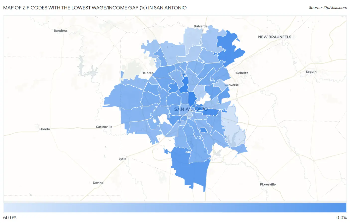 Zip Codes with the Lowest Wage/Income Gap (%) in San Antonio Map