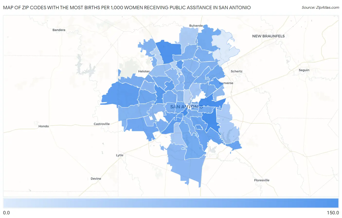 Zip Codes with the Most Births per 1,000 Women Receiving Public Assitance in San Antonio Map