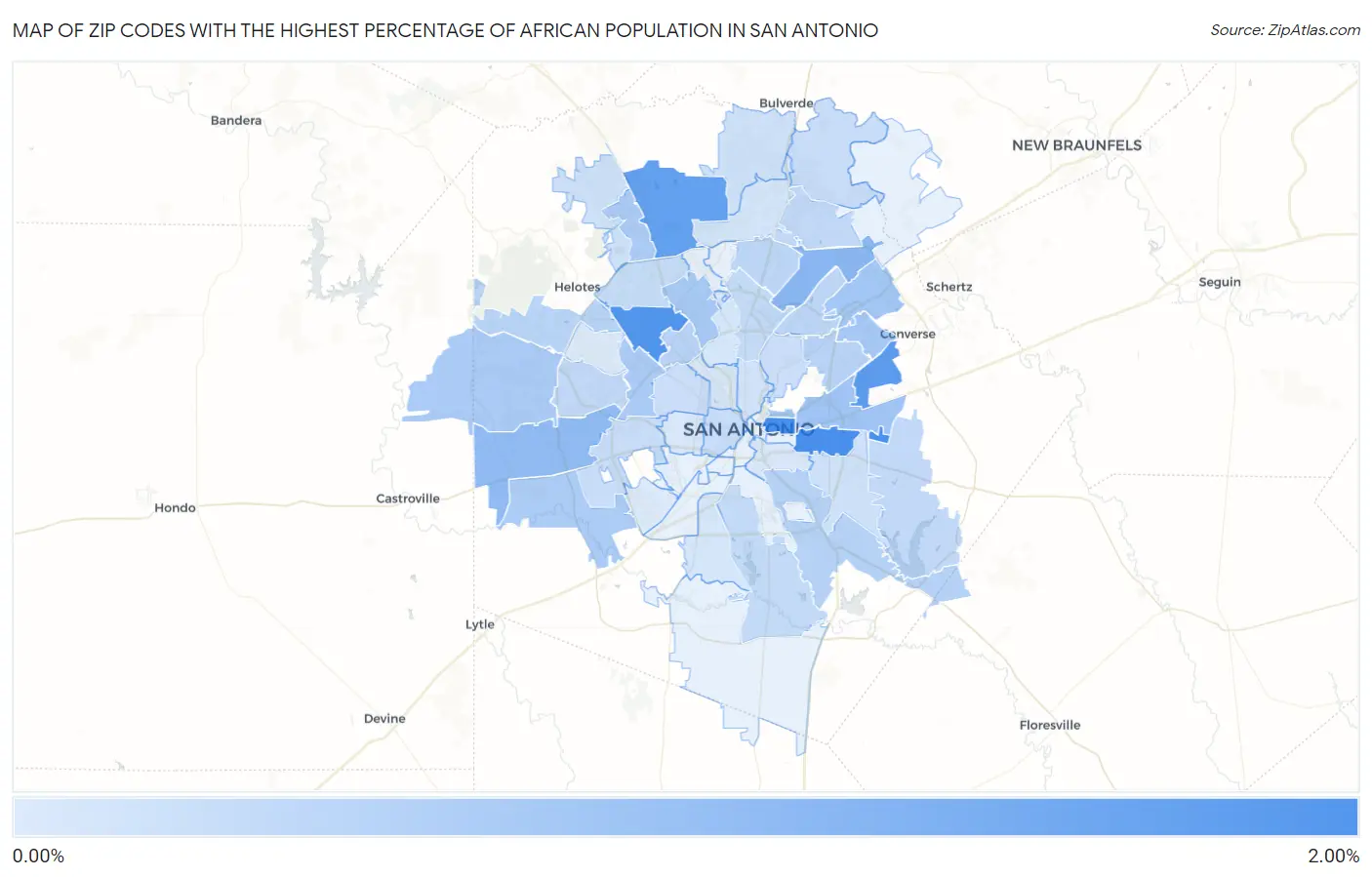 Zip Codes with the Highest Percentage of African Population in San Antonio Map