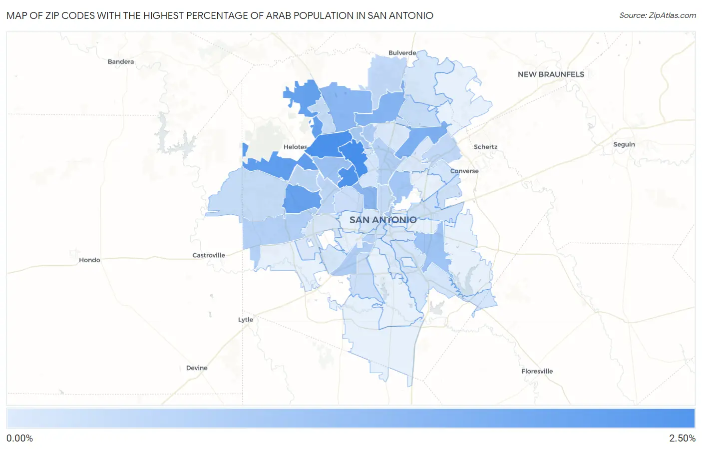 Zip Codes with the Highest Percentage of Arab Population in San Antonio Map