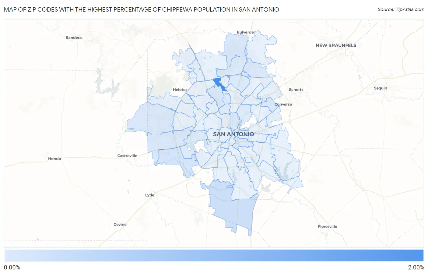 Zip Codes with the Highest Percentage of Chippewa Population in San Antonio Map