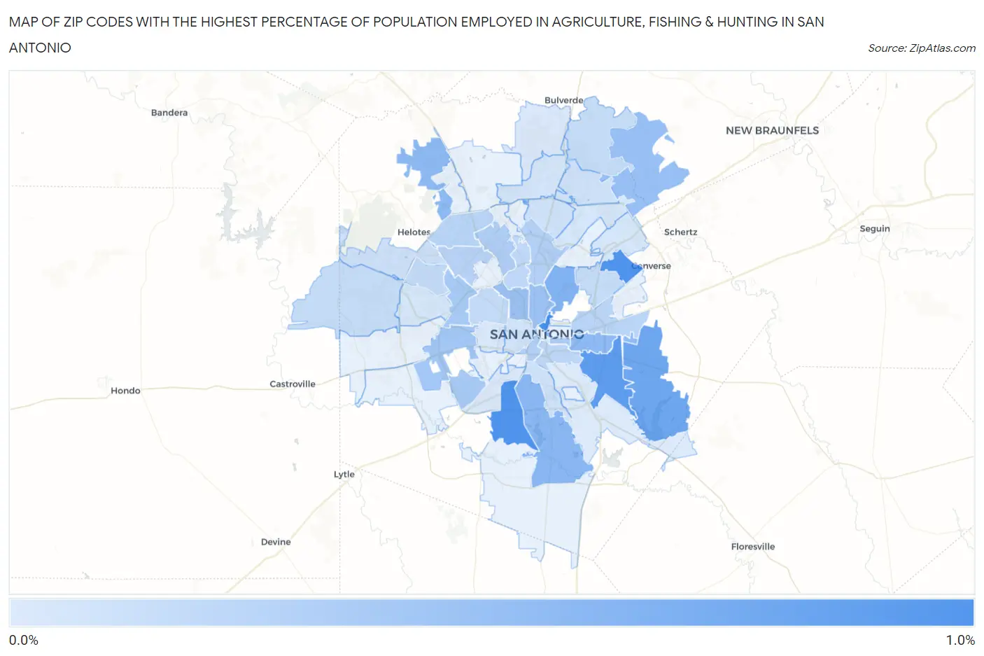 Zip Codes with the Highest Percentage of Population Employed in Agriculture, Fishing & Hunting in San Antonio Map