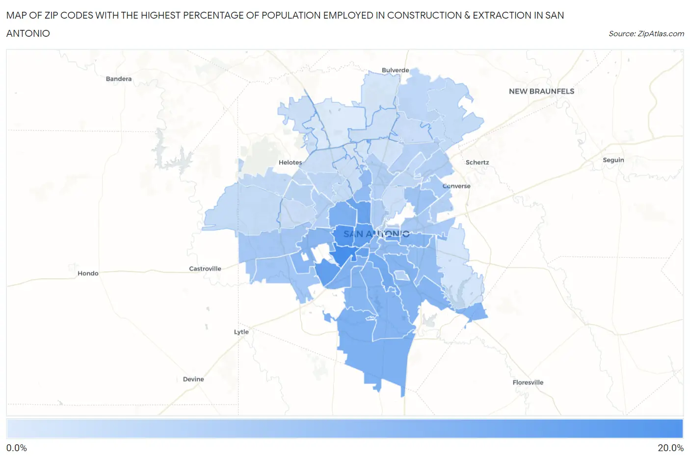 Zip Codes with the Highest Percentage of Population Employed in Construction & Extraction in San Antonio Map