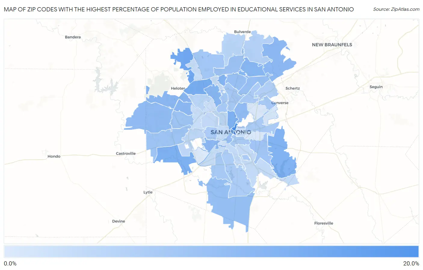 Zip Codes with the Highest Percentage of Population Employed in Educational Services in San Antonio Map