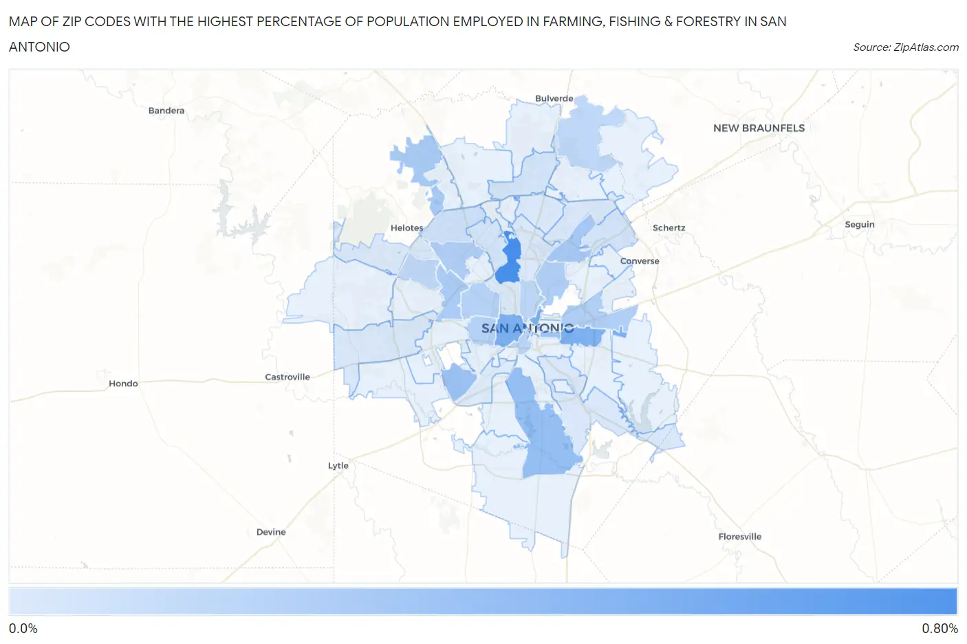 Zip Codes with the Highest Percentage of Population Employed in Farming, Fishing & Forestry in San Antonio Map