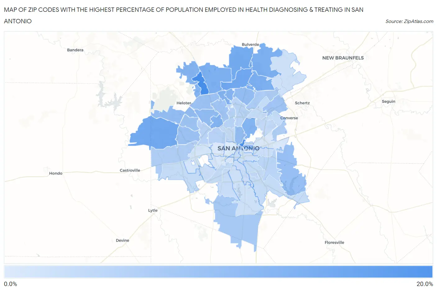Zip Codes with the Highest Percentage of Population Employed in Health Diagnosing & Treating in San Antonio Map