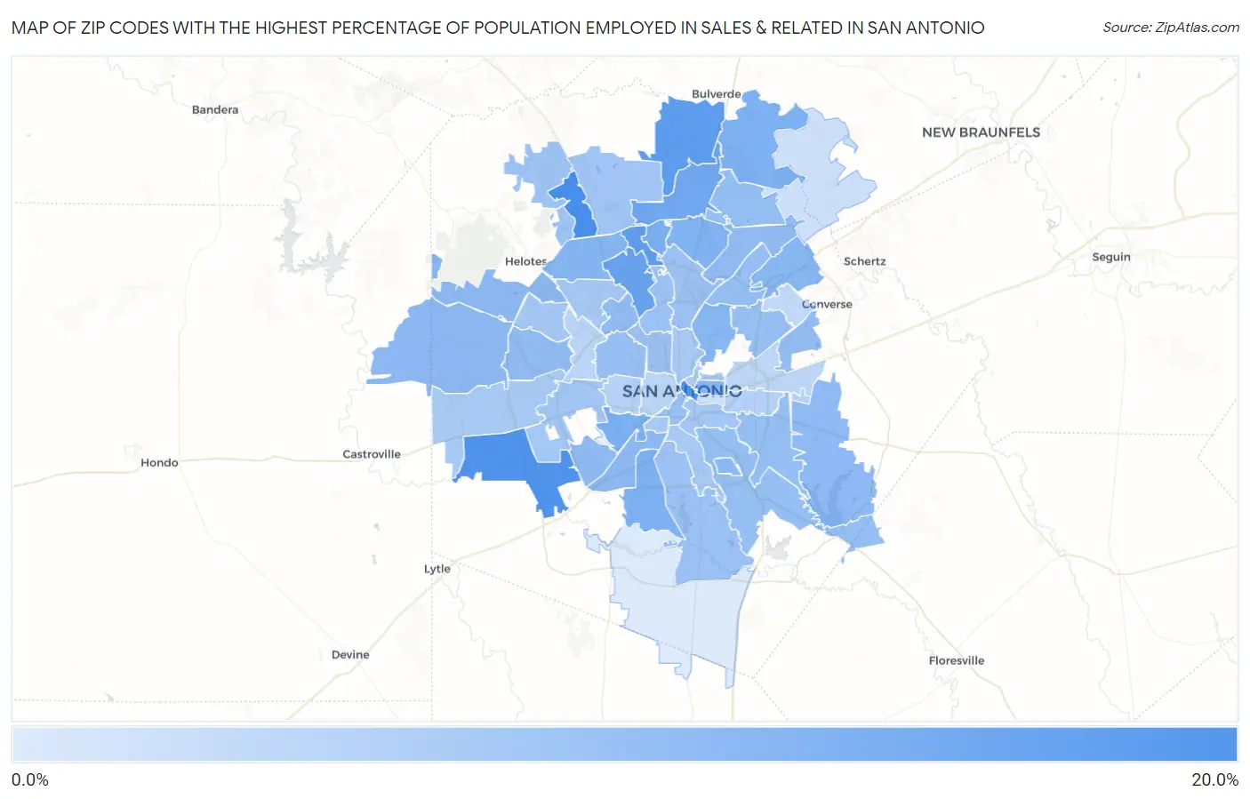 Zip Codes with the Highest Percentage of Population Employed in Sales & Related in San Antonio Map