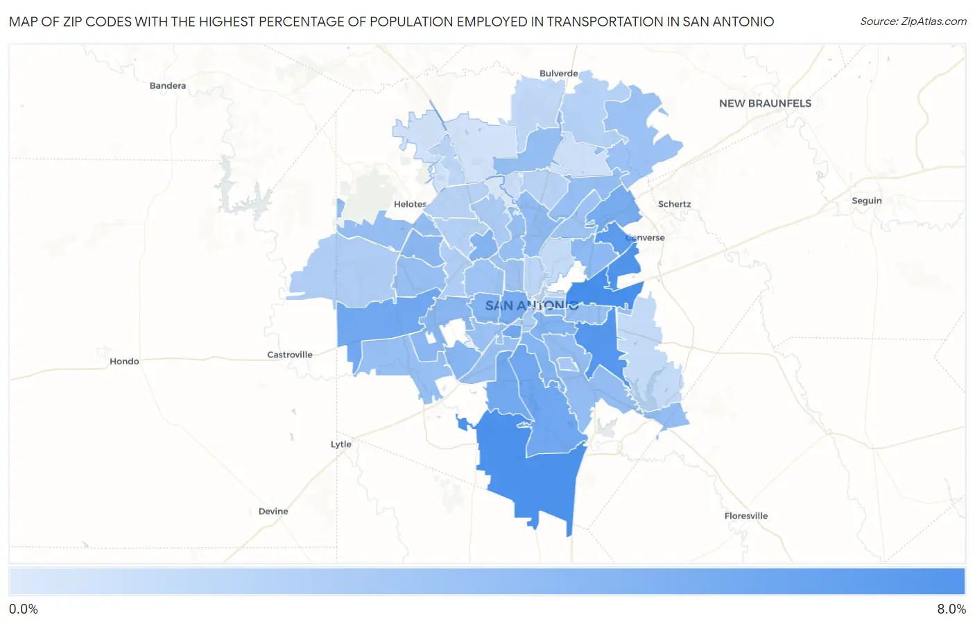 Zip Codes with the Highest Percentage of Population Employed in Transportation in San Antonio Map
