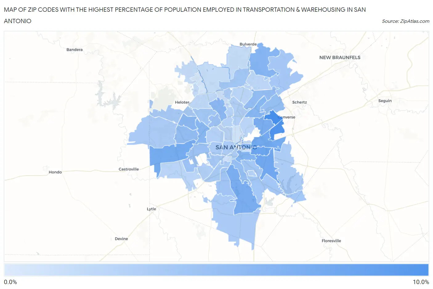 Zip Codes with the Highest Percentage of Population Employed in Transportation & Warehousing in San Antonio Map