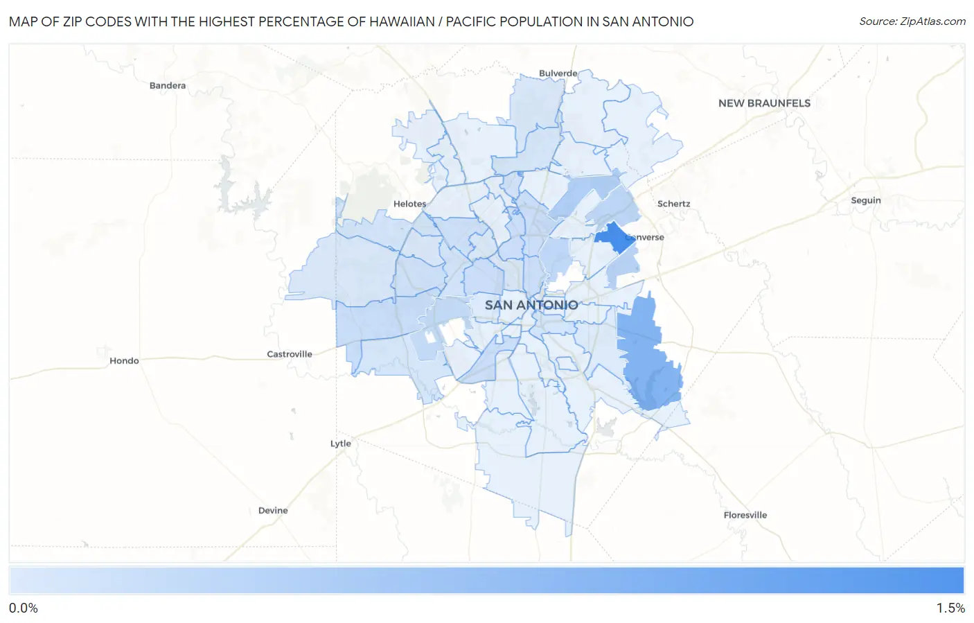 Zip Codes with the Highest Percentage of Hawaiian / Pacific Population in San Antonio Map