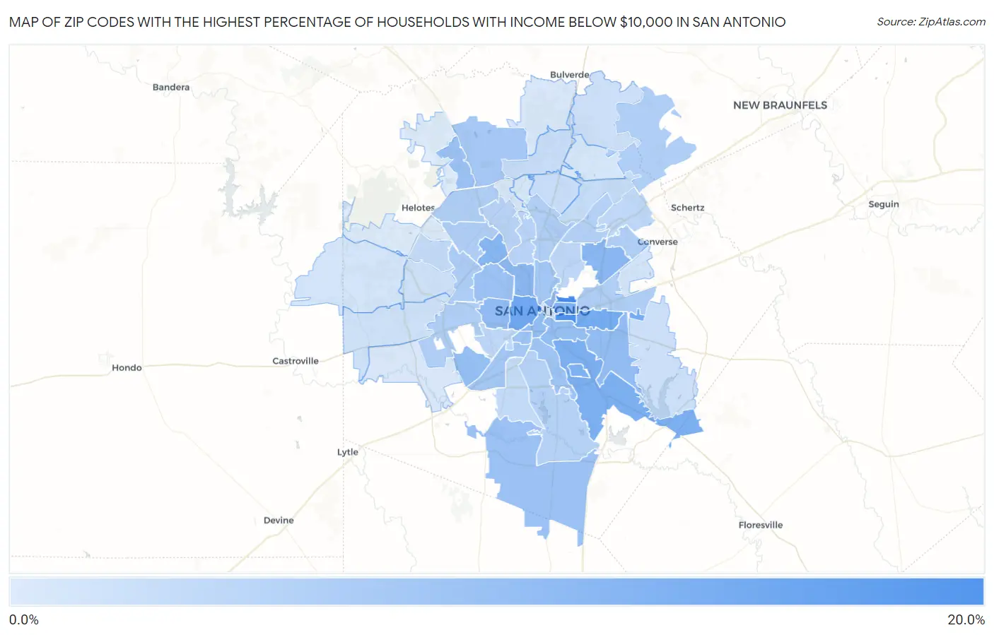 Zip Codes with the Highest Percentage of Households with Income Below $10,000 in San Antonio Map