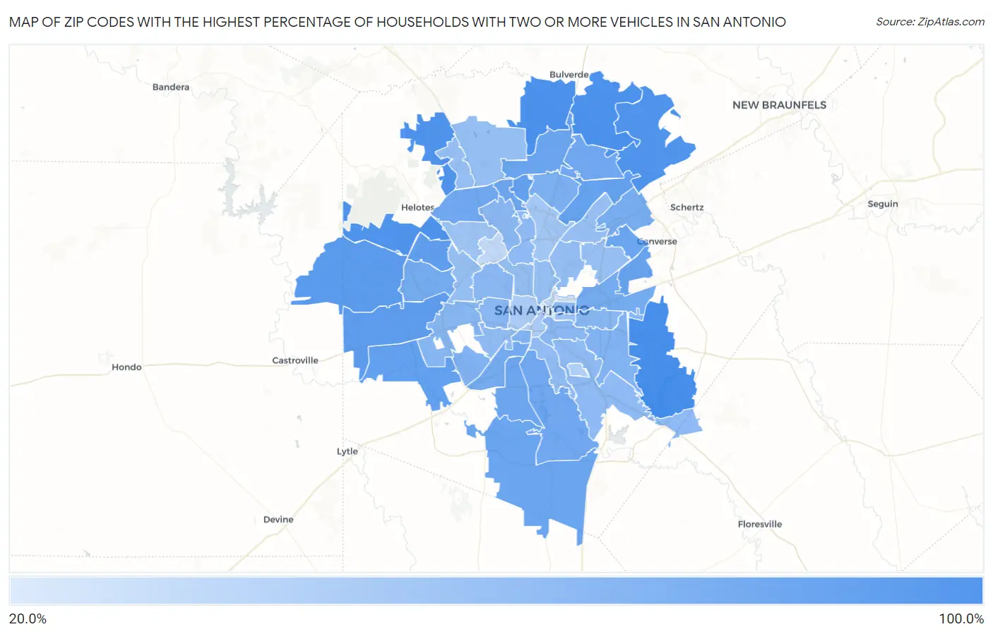 Zip Codes with the Highest Percentage of Households With Two or more Vehicles in San Antonio Map