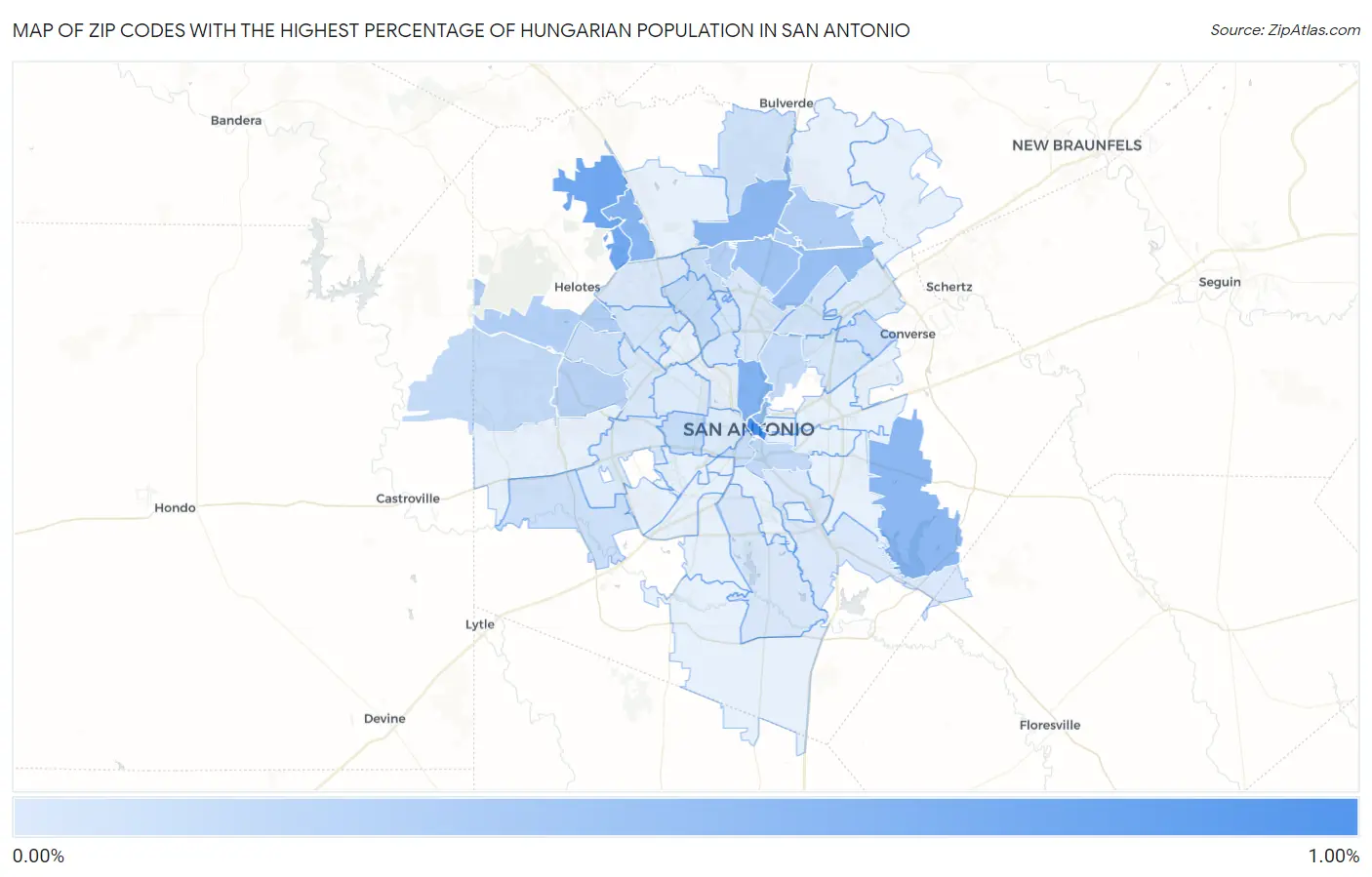 Zip Codes with the Highest Percentage of Hungarian Population in San Antonio Map